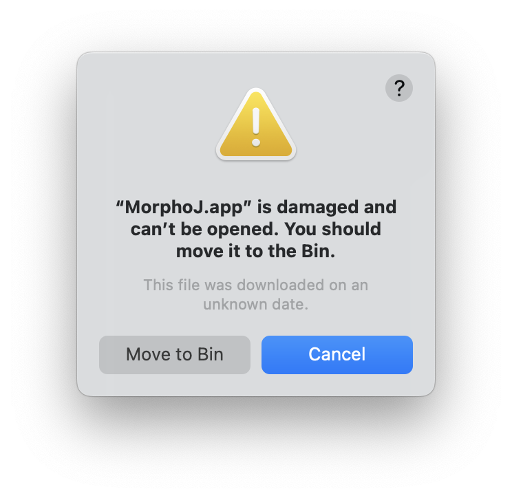 Dialog box from
                      MacOS upon first attempt to start MorphoJ.app